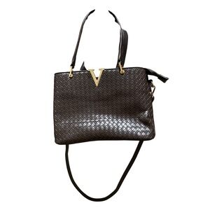 Crossi Brown Woven Leather Satchel Handbag Gold V Accent Shoulder Strap